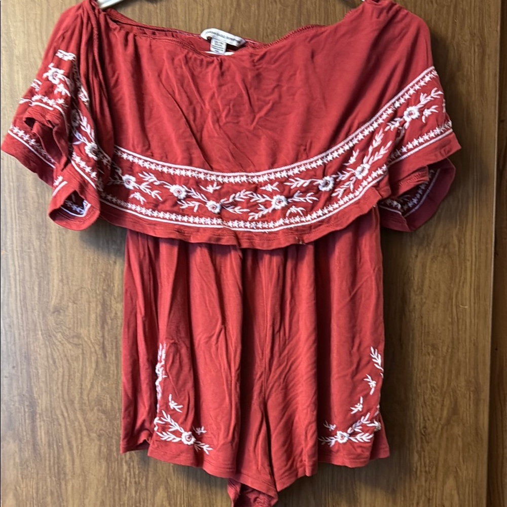 Red Off-Shoulder Embroidered Romper - American Eagle Outfitters